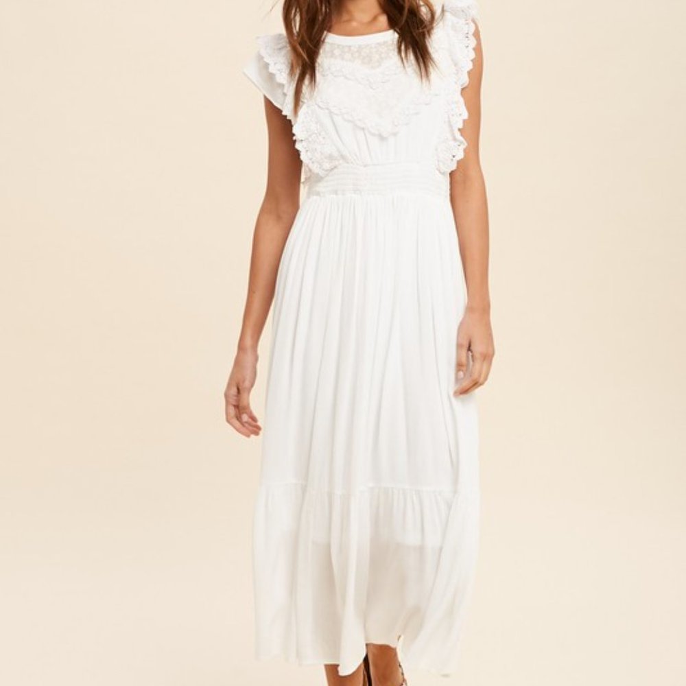 White Lace-Trim Midi Dress